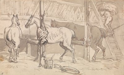 Three Horses in Stalls by Thomas Rowlandson
